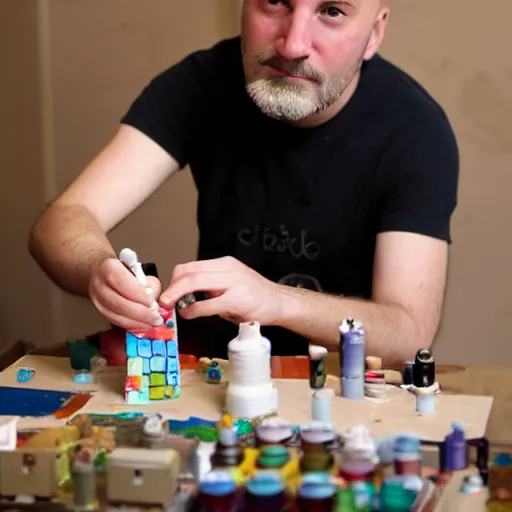 Prompt: a bald man with a beard meticulously painting an anime girl figurine in his basement