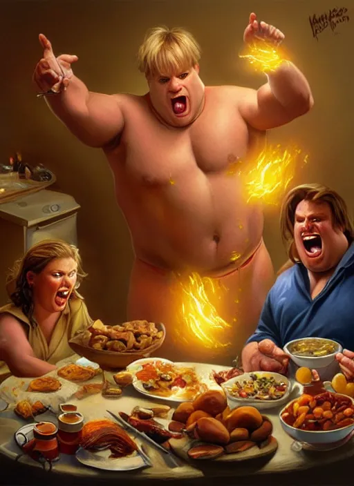 Prompt: chris farley powering up, surrounded by food, romantic painting, elegant intricate digital painting artstation concept art by mark brooks and brad kunkle detailed