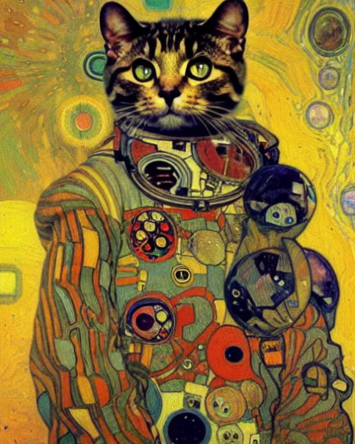 Image similar to cosmonaut cat portrait an oil painting splashes with many colors and shapes by gustav klimt greg rutkowski and alphonse mucha, polycount, generative art, psychedelic, fractalism, glitch art