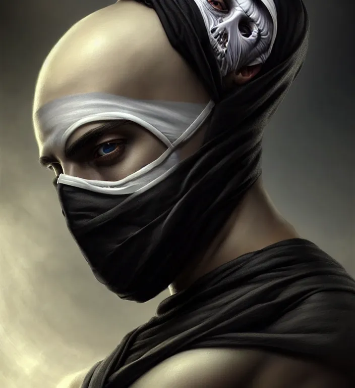 Image similar to white man with black fabric medical mask, short dark hair, highly detailed face!!!, true anatomy!, extremely detailed!, digital painting, unreal engine 5, art by tom bagshaw