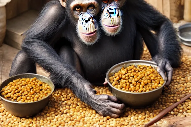 Image similar to chimpanzees cooking lentil dhaal, 32K