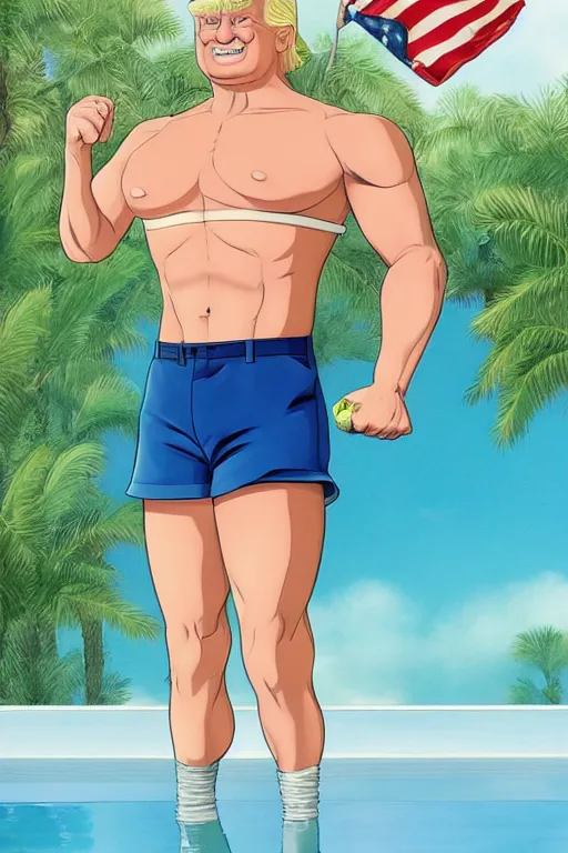 Image similar to a handsome man with blonde hair who is also a male android, ken, donald trump, muscular, wearing a cut-off white tank top and short american flag shorts, stands by a swimming pool, facing forward, in the style of artgerm and moebius and annie liebovitz, photorealistic, highly detailed