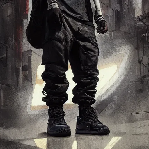 Image similar to A man wearing Acronym J36-S pants and Acronym P30A-DS and black Nike Air Force 1 sneakers, high quality, digital art, dirty cyberpunk city, greg rutkowski