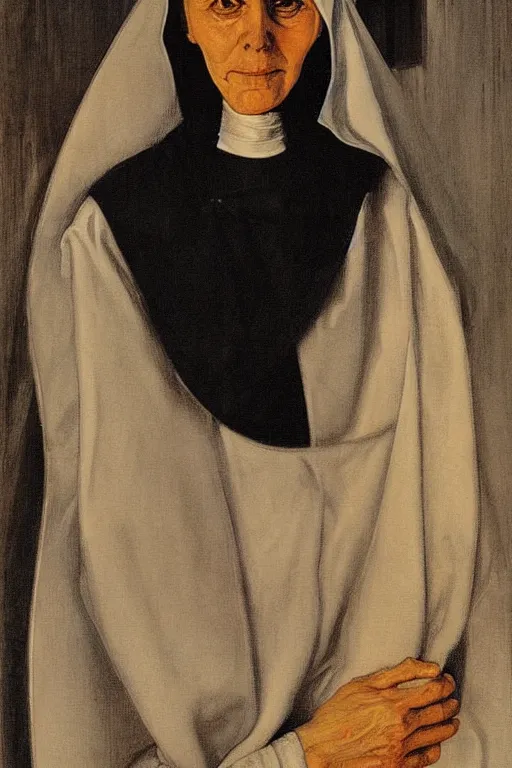 Prompt: portrait, an evil nun, art by jacek malczewski