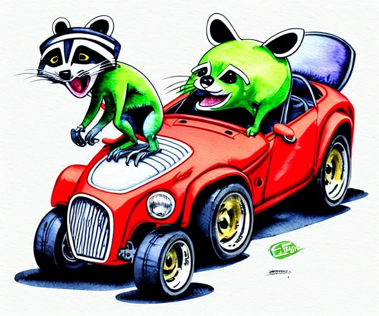 Prompt: cute and funny, racoon wearing a helmet riding in a tiny hot rod 2 0 0 2 plymouth prowler with oversized engine, ratfink style by ed roth, centered award winning watercolor pen illustration, isometric illustration by chihiro iwasaki, edited by range murata, details by artgerm