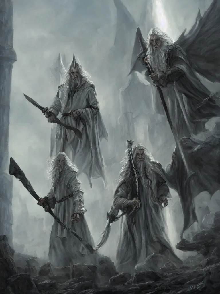 Prompt: gandalf attacks the white house, epic dark fantasy horror stylized oil painting by ivan shiskin. trending on artstation