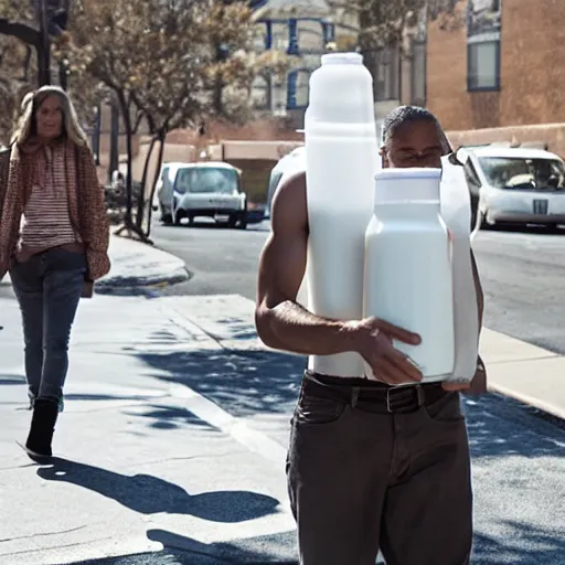 Image similar to white man walking down the street with a gallon of milk