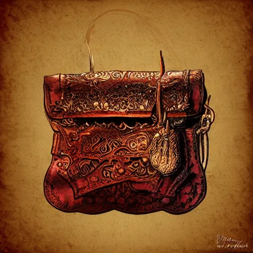 Image similar to an ornate small leather bag, fantasy illustration, medieval era, blank background, studio lighting, hand - drawn digital art