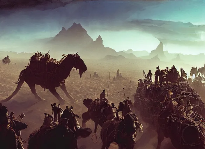 Image similar to overhead view of a the big large expedition with a very crowd of adventurers being brought by gigantic mammals carrying stuff towards the desert of duhnes medium shot, key art by craig mullins, bloom, dramatic lighting, cinematic, high details