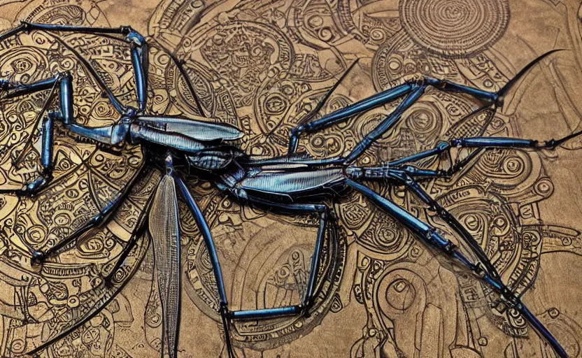 Prompt: mechanical praying mantis with small parts and intricate details, metal scapes, steampunk, art nouveau style