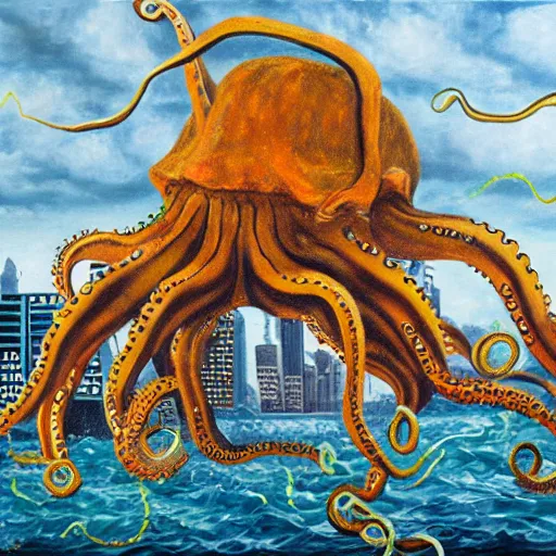 Prompt: oil painting of giant octopus ravaging metropolis