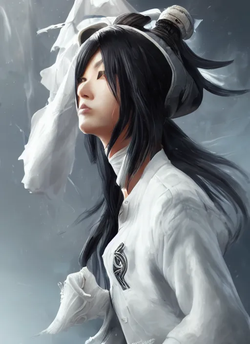 Image similar to a highly detailed illustration of fierce tall amazon messy ponytail black haired one armed delinquent japanese woman wearing white cap wearing long white jacket with cape, muscular, intricate, elegant, highly detailed, centered, digital painting, artstation, concept art, smooth, sharp focus, league of legends concept art, wlop.