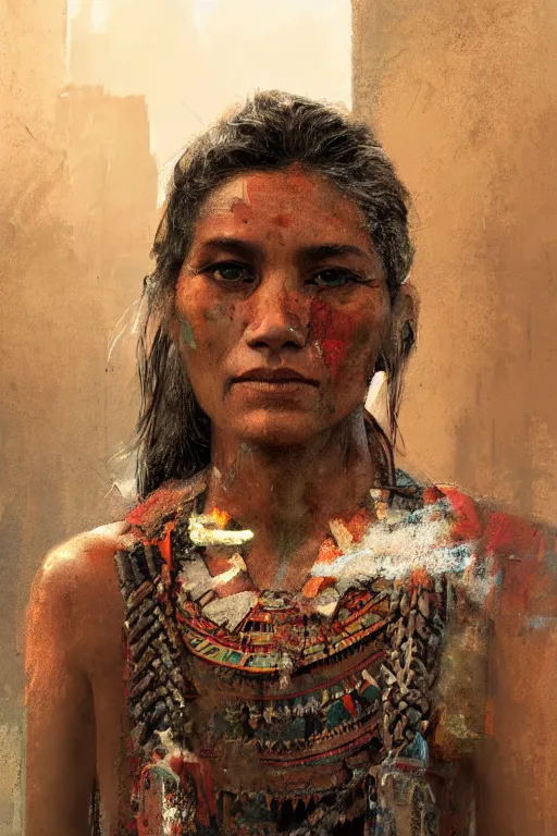 Image similar to aztec citizen, close - up portrait, poor, intricate, elegant, volumetric lighting, scenery, digital painting, highly detailed, artstation, sharp focus, illustration, concept art, ruan jia, steve mccurry