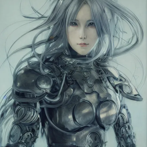 Image similar to Oil portrait with broad brush strokes of an anime girl with long white hair wearing Elden Ring armour with engraving in the style of Yoji Shinkawa, expressive brush strokes, hairs fluttering on the wing, noisy film grain effect, highly detailed, Renaissance oil painting, weird portrait angle, blurred lost edges, three quarter view