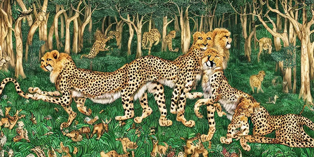 Prompt: cheetah and lion celebrating in fairytale forest , huge scale, high detail, intricate by Jonathan Bentley and Hayao Miyazaki