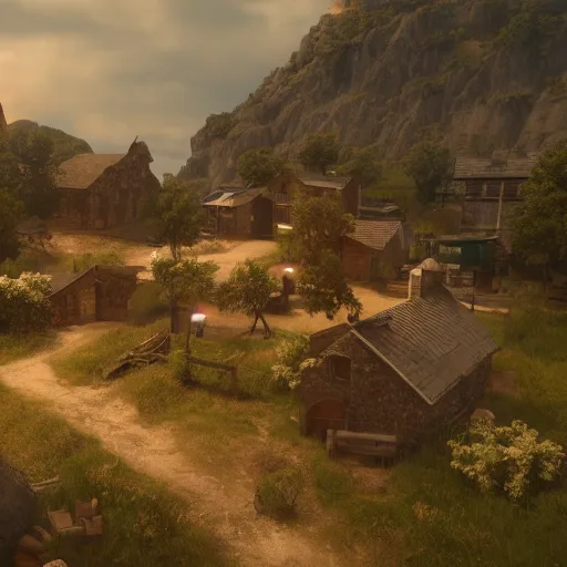 Image similar to a small village filled with women from a video game, unreal engine 5 render, 8 k, deep focus, golden our lighting, cgi, extra detailed graphics