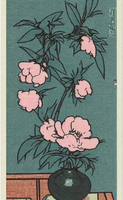 Prompt: by akio watanabe, manga art, light blue peony outside window, trading card front