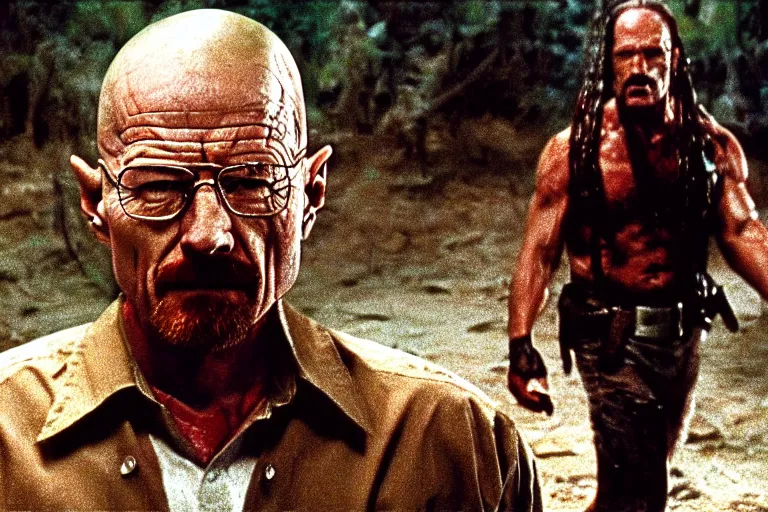 Image similar to film still of hyper-realistic walter white in Predator (1987) fighting the predator, wide shot, 4k