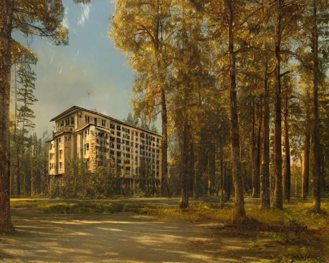 Image similar to beautiful matte painting of cute soviet block of flats in forest by ivan shishkin, bokeh