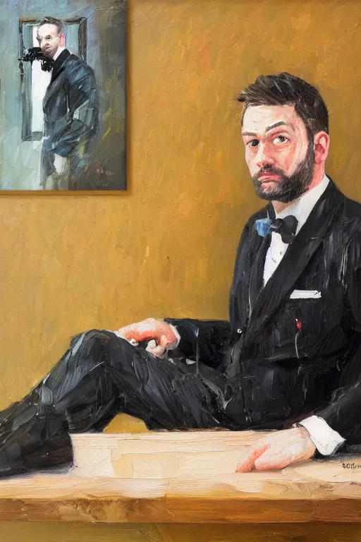 Image similar to palette knife oil painting portrait of graham, a fellow in a three - piece suit and single monocle covering his right eye, peering over from his heavy, lacquered oak reception desk, extreme detail, artstation trending, artgerm, any racial background, deviant art, octane, substance, art history 8 k