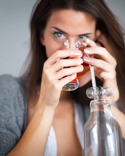 Prompt: A studio portrait of a woman drinking vodka from a bottle, highly detailed, bokeh, 90mm, f/1.4