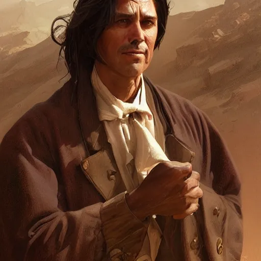 Image similar to clean shaven, tan, middle - aged christian priest with dark hair in wild west, portrait, highly detailed, digital painting, artstation, oppressive lighting, concept art, sharp focus, illustration, art by greg rutkowski and alphonse mucha