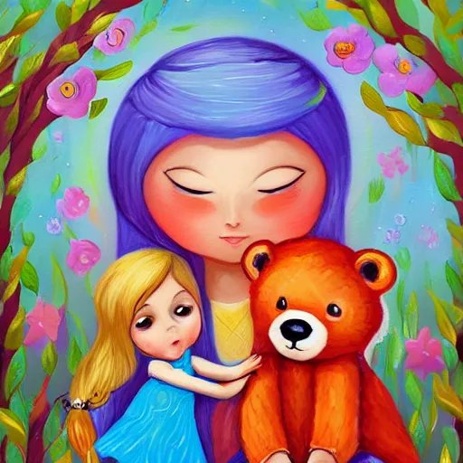 Image similar to a painting of a little girl and a bear, a storybook illustration by Jeremiah Ketner, deviantart contest winner, fantasy art, storybook illustration, digital illustration, deviantart hd