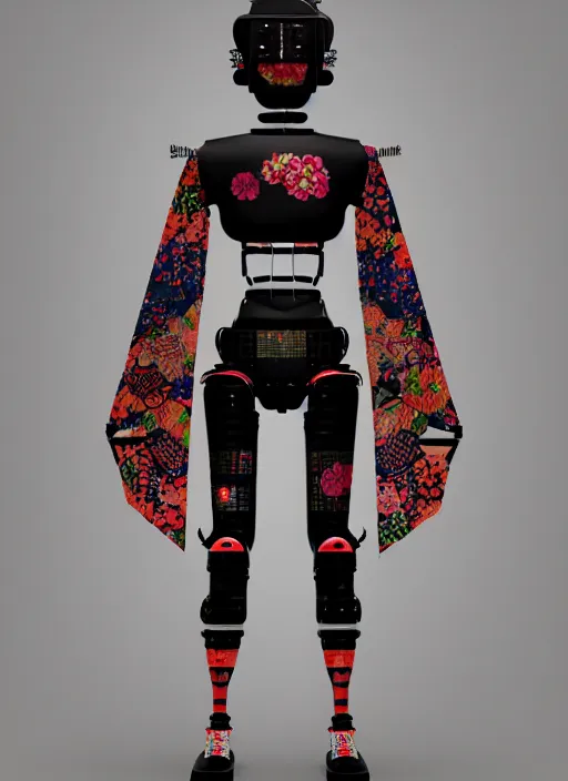 Prompt: full body photo of an punk geisha robot with kanji tattoos and decals wearing a digital pixelated kimono, intricate design, photo - realistic, octane render, dark colour palette, ultra fine detailed, character design, trending on artstation