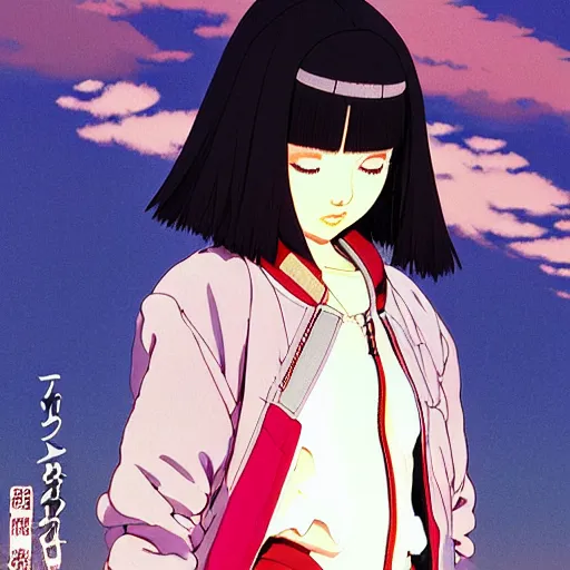 Image similar to a beautiful japanese natalie portman gravure model, wearing oversized native designer bomber jacket and leotard with overalls, bulky poofy bomber jacket with mesoamerican patterns, mesoamerican native street fashion, gapmoe yandere grimdark, trending on pixiv fanbox, painted by greg rutkowski makoto shinkai takashi takeuchi studio ghibli, akihiko yoshida