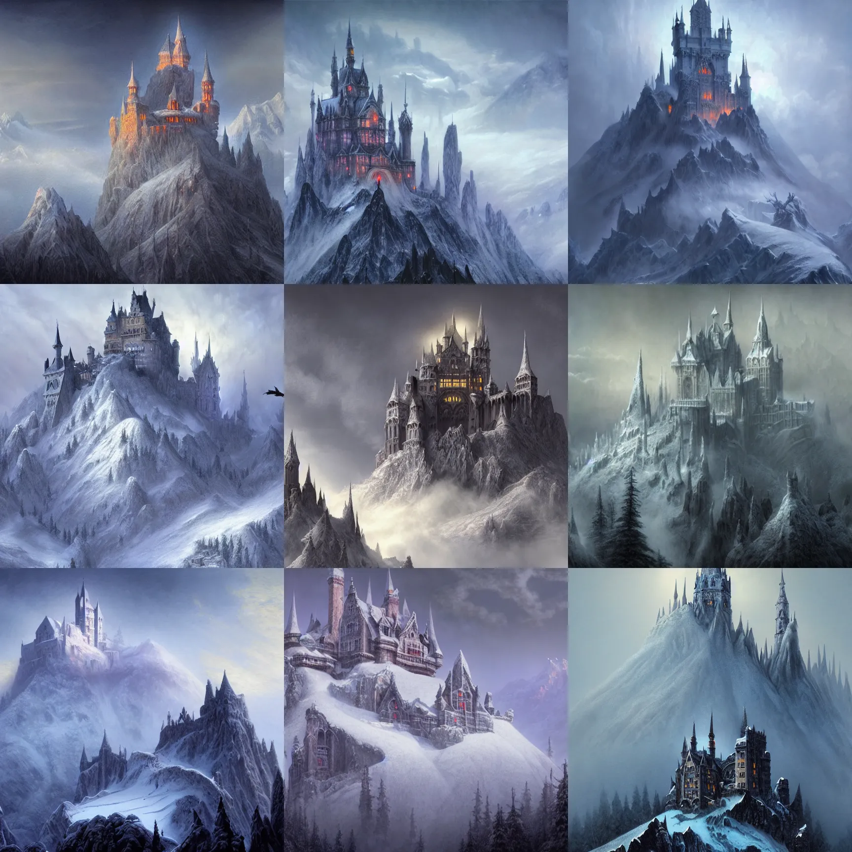 Prompt: large gothic castle on snowy mountain peak, volumetric fog, intricate, highly detailed, concept art, gerald brom, masterpiece, background
