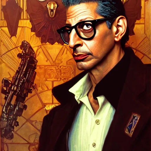 Prompt: full portrait of jeff goldblum as duke nukem, fantasy, d & d, intricate, detailed, by by alphonse mucha, adolfo hohenstein, alice russell glenny, stanley artgerm lau, greg rutkowski, detailed, trending on artstation, trending on artstation, smooth