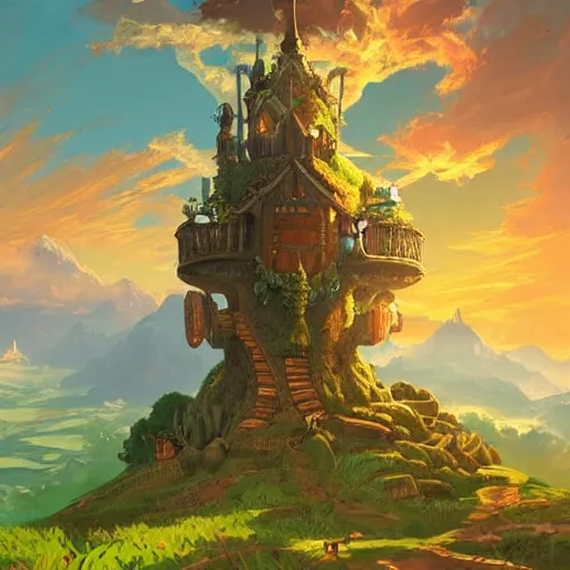 Prompt: a hyperrealistic digital matte painting of a verdant fantasy countryside, breath of the wild, hyrule, inspired by cyril rolando, david wiesner, many golden layers, orange color tone, very far royal steampunk castle, cgsociety, highly detailed, trending on artstation, azure sky