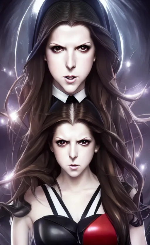 Prompt: ultra realistic, beautiful Anna Kendrick Zatanna DC Comics waist up floating, on stage, symmetrical face symmetrical eyes, smiling, modern anime, fantasy, eerie, intricate details, atmospheric, elegant, super highly detailed, professional digital painting, artstation, concept art, 8k, art by artgerm and eiichiro oda and koyoharu gotouge