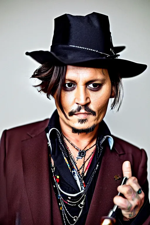 Prompt: Johnny Depp wearing a calaca, portrait, wide angle