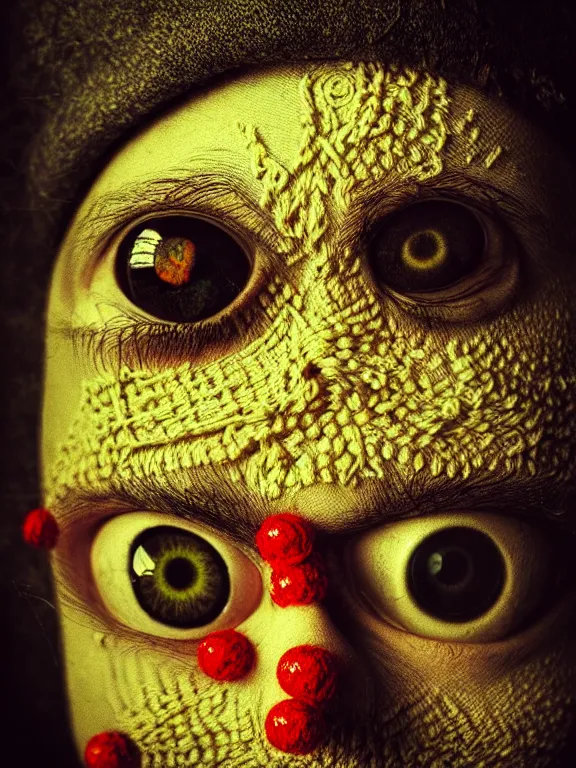 Image similar to a close up of a person with a weird looking eye, a character portrait by alexander jansson, featured on cg society, pop surrealism, made of beads and yarn, studio portrait, fisheye lens