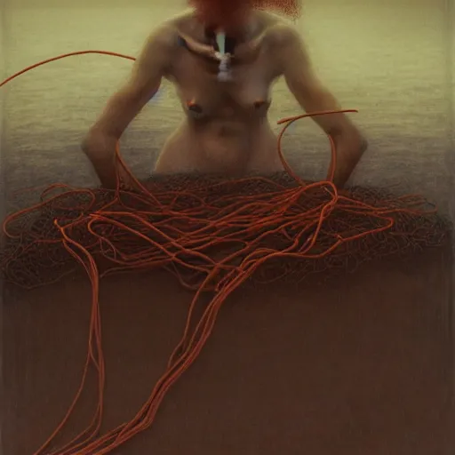 Image similar to shore of the lake, woman, wrapped around by tubes and cables veins and nerves, bones, short black curly hair, glowing red, by edgar maxence and ross tran, zdzisław beksinski, un and michael whelan, distant, gustav dore, h. r. giger, 8 k, octane render