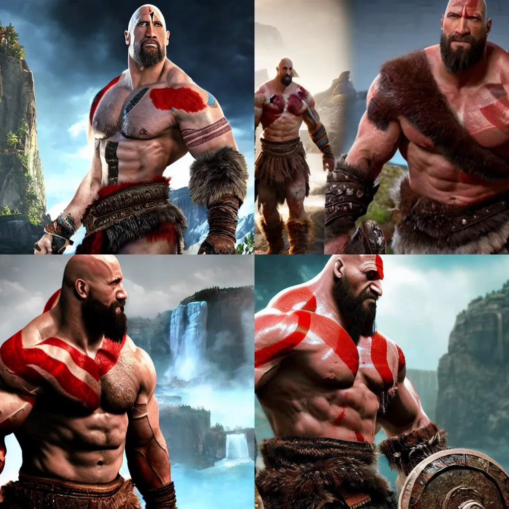 Prompt: dwayne johnson as kratos, god of war, ps 5, ps 4, unreal engine 5