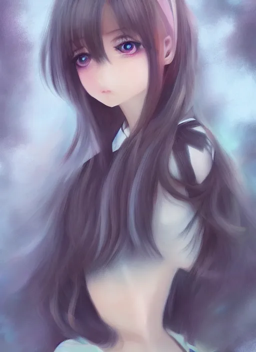 Prompt: brilliant, elegant, pastel texture, matte painting hyperpop portrait with wide dreamy anime eyes trending on pixiv