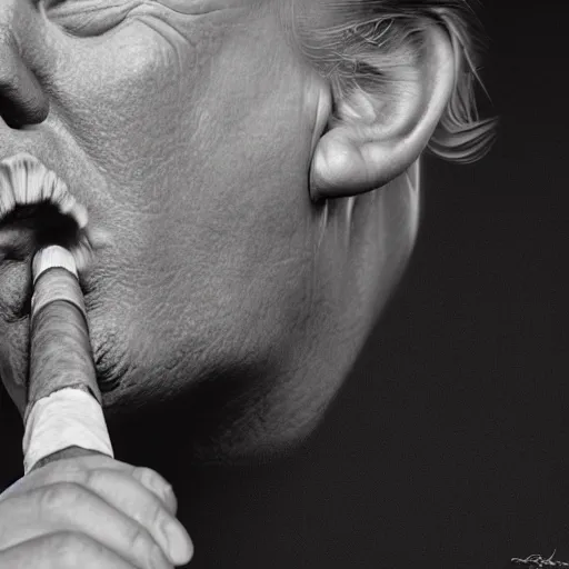 Image similar to a high detail photo of donald trump smoking a cigarrette, subject= donald trump, subject detail: extremly detailed, subject action: smoking a cigar, photorealism, dramatic lighting, award winning photograph, trending on artstation