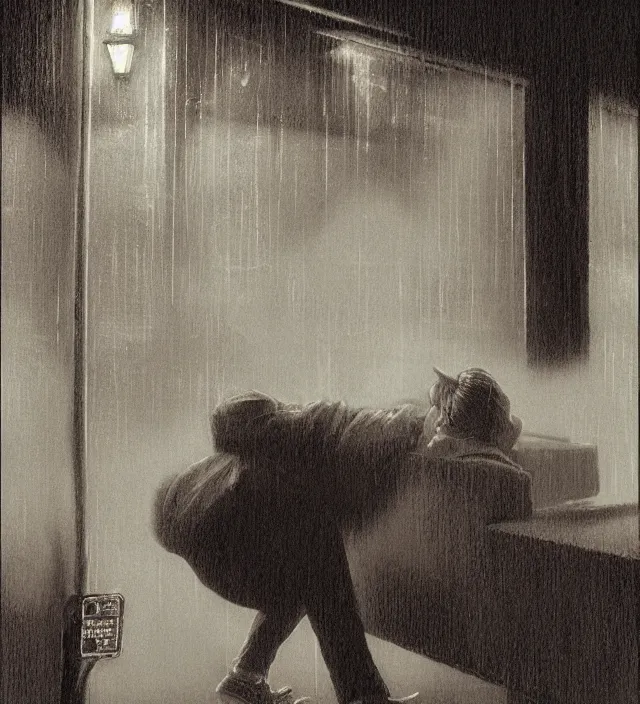 Image similar to foggy neon night, eric cartman leaning back against a wall smoking a cigarette outside a neon lit entrance, 1 9 7 0 s, intricate, moody, tasteful, intimate, highly detailed, short focus depth, artgerm, donato giancola, joseph christian leyendecker