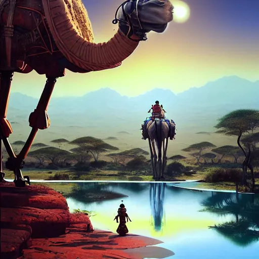 Prompt: an african moor wearing white robes riding a robot camel into a lush desert oasis with a reflective pond, by greg rutkowski and android jones, afrofuturism, oil on canvas, 8k, synthwave sunset