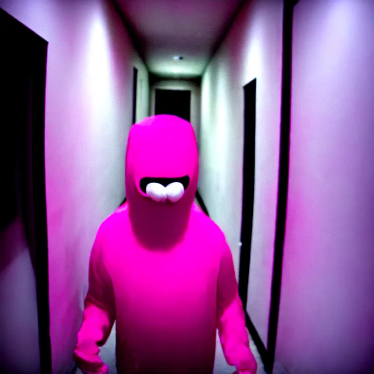 Image similar to a nightmare where a man in a pink morphsuit chases you down a dark hallway, horror, creepy, 3 5 mm, film shot, found footage, scary