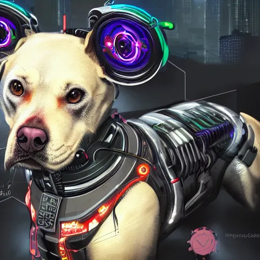 Image similar to Cyberpunk cyborg dog , digital art , highly detailed , high contrast, beautiful lighting, award winning , trending on art station, photorealistic, 8k