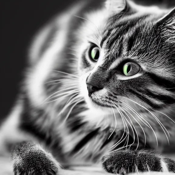 Image similar to 4 k hd, high detail photograph of a cat with black and white fur, shot with sigma f / 4. 2, 2 5 0 mm sharp lens, consistent, isometric view, volumetric lighting, high level texture render