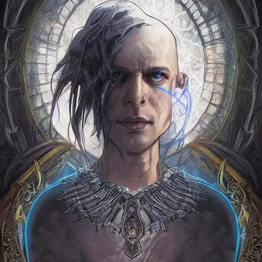 Image similar to An epic fantasy comic book style portrait of a male necromancer, castle setting, horror movie lightning, intricate, elegant, highly detailed, digital painting, artstation, concept art, matte, sharp focus, illustration, art by Artgerm and Greg Rutkowski and Alphonse Mucha