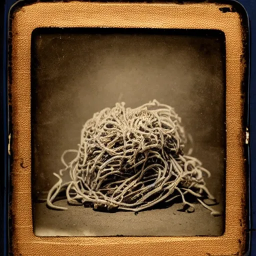 Image similar to the flying spaghetti monster. daguerreotype portrait photograph. inspired by gerard grom and ansel adams. beautiful. cute. happy. highly detailed. old timey.