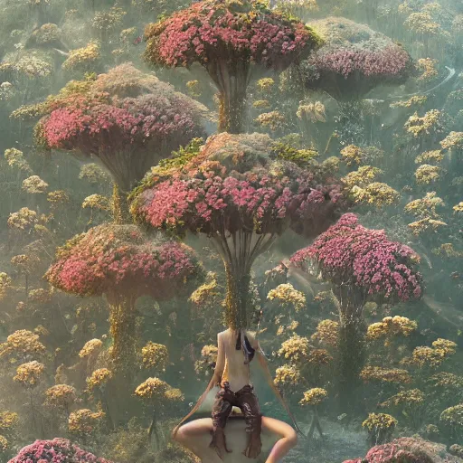 Image similar to intricate human biorobotic organs intertwined with biorobotic flowers, intricate environment, matte painting, cinematic, epic composition, highly detailed, atmospheric, wide angle, artstation trending