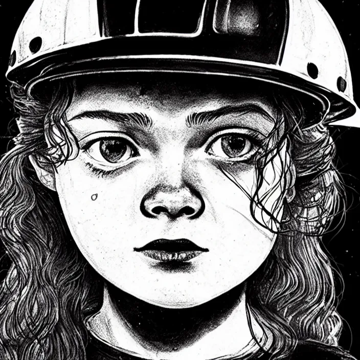 Image similar to extreme close - up on sadie sink as a miner : eating. background : black tiles on walls. black and white, pencil and ink. by gabriel hardman, joe alves, chris bonura. cinematic atmosphere, detailed and intricate, perfect anatomy