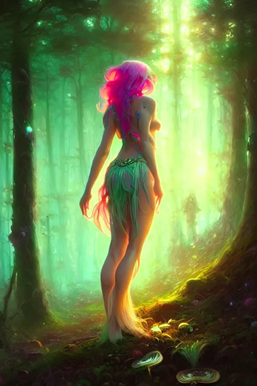 Prompt: stunningly beautiful female neon hair, fantasy art, fae priestess, mushroom forest landscape, dark light night, sharp focus, digital painting, 4 k, concept art, art by wlop, artgerm, greg rutkowski and alphonse mucha