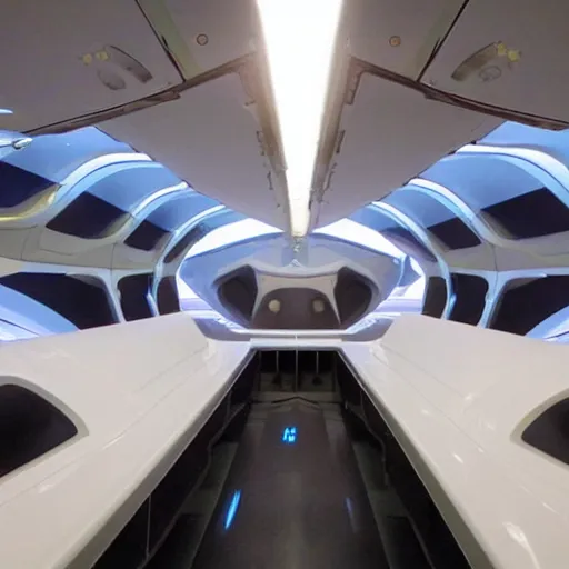 Prompt: a photo of the inside of a futuristic spaceship that travels between planets